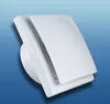 A white bathroom exhaust fan with a closed flap is shown against a blue gradient background. Produktbild-Vorschau