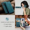 Collage of images showing a teal phone case, a woman using a phone with a case, and a close-up of the case with cards and cash. Produktbild-Vorschau