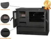 A black wood-burning stove with various parts highlighted with labels and close-up views. Produktbild-Vorschau
