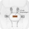 A close-up view of a baby bouncer's harness system, highlighting the 5-point safety belt and the brand logo. Náhled obrázku produktu