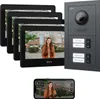 A collage of a video intercom system, including indoor monitors, an outdoor unit, and a smartphone displaying the app interface. Produktbild-Vorschau