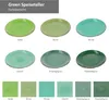A collage showing different shades of green dinner plates with their corresponding color names. Produktbild-Vorschau