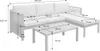 A white outdoor furniture set including a sectional sofa and a coffee table, with dimensions indicated by measurement lines and text. Produktbild-Vorschau
