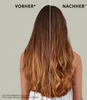 A split image showing a person's hair before and after using a hair product. The left side shows the hair before treatment, appearing dry and frizzy. The right side shows the hair after treatment, appearing smoother and more voluminous. Produktbild-Vorschau