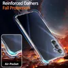 A clear phone case with reinforced corners is shown against a dark, fiery background with abstract shapes. Produktbild-Vorschau