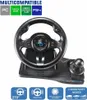 A gaming steering wheel and pedals set displayed on a white background with feature icons and compatibility information. Anteprima dell’immagine prodotto