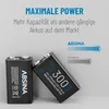 Two 9V batteries are shown, one leaning against the other, with marketing text and graphics comparing battery capacity. Produktbild-Vorschau