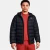 A man wearing a black hooded puffer jacket and red sweatpants, posing against a white background. Produktbild-Vorschau