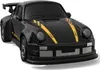 A black remote control drift car with yellow racing stripes and checkered flag accents on a white background. Produktbild-Vorschau