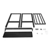The image shows the disassembled parts of a black metal shelf unit, including two side frames, two horizontal bars, a shelf, and various screws and bolts, laid out on a white background. Produktbild-Vorschau