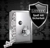 A safe filled with money, with a shield overlay promoting "London - Spaß mit Sicherheit". Produktbild-Vorschau