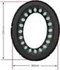 A close-up, overhead view of a black headphone earpad with light blue accents, with dimensions indicated by red lines and text. Produktbild-Vorschau
