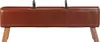 A vintage-style pommel horse bench with brown leather upholstery and wooden legs, presented against a white background. Voir les images du produit