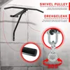 A black metal pull-up bar mounted on a concrete wall, with close-up insets highlighting a swivel pulley and a handle. Produktbild-Vorschau