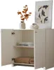 A white cabinet with its doors open, displaying shelves with books and folded blankets. Decorative items are on top of the cabinet. Produktbild-Vorschau