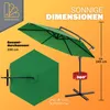 A green patio umbrella is shown from multiple angles, with dimensions and features highlighted. Produktbild-Vorschau