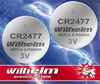 Two CR2477 lithium coin cell batteries are displayed against a background of blue lightning. Produktbild-Vorschau