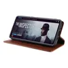 A brown leather flip case for a smartphone is shown open, displaying the phone's screen which shows a movie poster for 'The Inspector'. Produktbild-Vorschau