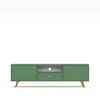 A green TV stand with wooden legs is shown against a white background. Podgląd zdjęcia produktu
