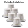 A group of white vacuum cleaner filters arranged on a white background with German text at the top. Produktbild-Vorschau