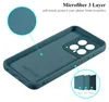A teal phone case is shown from the inside, with a close-up inset of the microfiber lining and a diagram illustrating the 3-layer construction. Náhled obrázku produktu