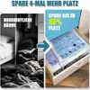 A split image showing a messy closet and floor on the left, and a neat drawer with vacuum-sealed bags on the right, illustrating space-saving. Produktbild-Vorschau