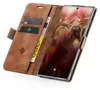 A brown leather flip case for a smartphone, open to reveal card slots and a phone screen displaying the time and date. Produktbild-Vorschau