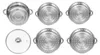 A collage of images showing a stainless steel steamer pot and its components. Produktbild-Vorschau