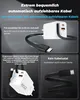Collage of images showcasing a white USB-C charger with a retractable cable, highlighting its features and portability. Produktbild-Vorschau