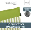 Close-up of a cushion with green and white stripes, showing product details and branding. Produktbild-Vorschau