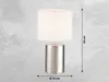 A silver table lamp with a white lampshade is shown against a textured gray background. Dimensions are indicated with dashed lines and text. Produktbild-Vorschau