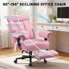 A pink reclining office chair with various support points highlighted by text overlays. Podgląd zdjęcia produktu