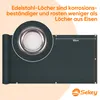 A close-up of a grommet on a dark gray privacy screen, with text overlay and a brand logo. Produktbild-Vorschau