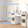A white vanity table with a tri-fold mirror and storage compartments, featuring text overlays highlighting its features. Produktbild-Vorschau