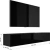 A black TV stand and a black TV are shown against a white background. Dimensions are indicated with lines and text. Produktbild-Vorschau