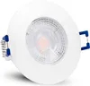 A white recessed LED spotlight with blue spring clips. Produktbild-Vorschau