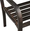 A close-up view of the curved armrest and slatted seat of a dark brown and bronze outdoor bench. Produktbild-Vorschau