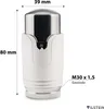 A white and silver radiator thermostat with dimensions indicated. Produktbild-Vorschau
