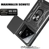 A close-up of a black phone case with a ring holder and a sliding camera cover, with marketing text and a certification badge. Produktbild-Vorschau