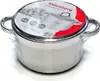 A stainless steel casserole pot with a lid, wrapped in plastic packaging, with a product label on top. Voir les images du produit