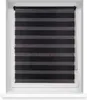 A black and gray striped roller blind is shown in a white window frame. Produktbild-Vorschau