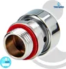 A close-up studio shot of a chrome-plated brass pipe aerator with a red gasket. Produktbild-Vorschau