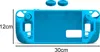 A blue silicone protective case for a game console, with two blue thumb grip caps shown above it. Dimensions are indicated by lines and text. Produktbild-Vorschau