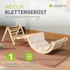 A wooden indoor climbing frame for children, set up on a carpeted floor with pillows on the rocking arch. Náhled obrázku produktu