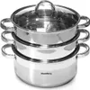 A stainless steel steamer pot with three tiers and a glass lid, shown against a white background. Voir les images du produit