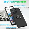A black phone case with a ring holder is shown on a phone, with text highlighting its features. Produktbild-Vorschau
