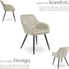 A collage of images showcasing a beige upholstered chair with black legs, accompanied by descriptive German text highlighting its comfort and design. Produktbild-Vorschau