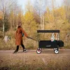 A woman is pulling a wagon with a baby in it on a dirt path in a wooded area during autumn. Produktbild-Vorschau