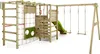 A wooden playground set with a slide, swings, and climbing features, set against a white background. Voir les images du produit