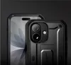 Close-up view of two black smartphone cases, one slightly behind the other, showcasing the camera module and a kickstand. Produktbild-Vorschau